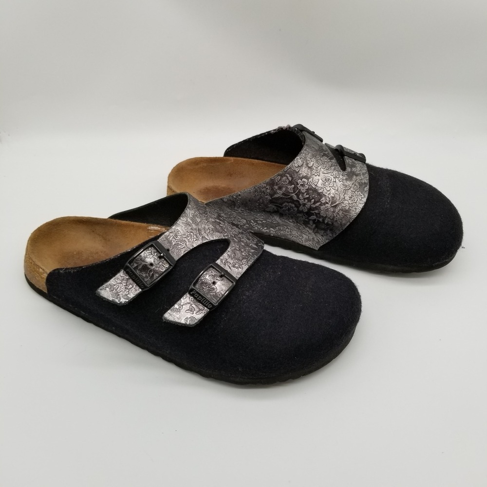 Papillio Birkenstock Clogs Womens 39 Black Silver Floral Wool Felt Buckle Boston - Picture 3 of 7
